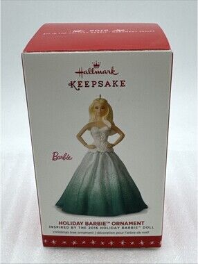 2016 Hallmark Holiday Barbie Doll Ornament 2nd In Series Green & White Dress New